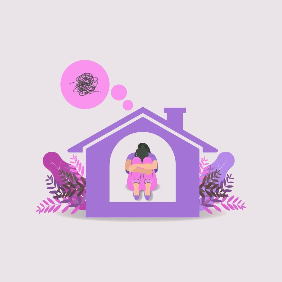 depressivo menina sentado dentro a casa abraçando ele ilustração vetor