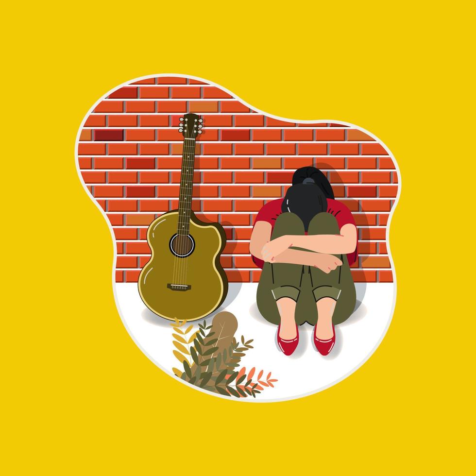 triste menina com acústico guitarra e tijolo parede fundo Projeto vetor ilustração