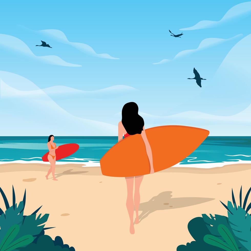 mulheres com surfar Pranchas caminhando em a de praia com lindo mar e azul céu ilustrações. vetor