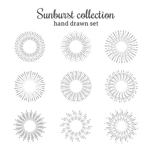 Coleção de vetores Sunburst. Quadros de raios retrô. Estrela estourou mão desenhados círculos. Elementos decorativos de luz do sol.