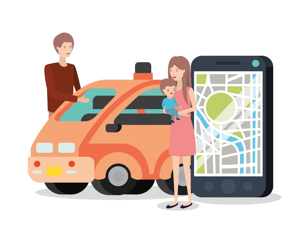 jovem casal com carro inteligente e dispositivo GPS vetor