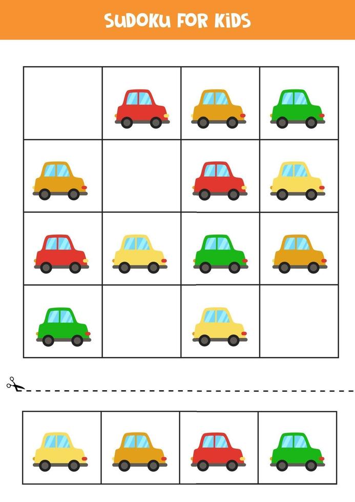 jogo de sudoku para crianças com carros coloridos de desenho animado vetor