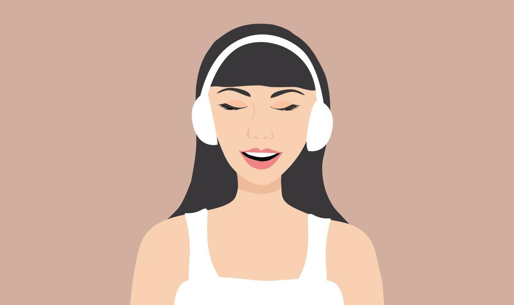 mulher com fones de ouvido ouvindo para música. felicidade, relaxamento, Boa humor, descansar conceito vetor ilustração