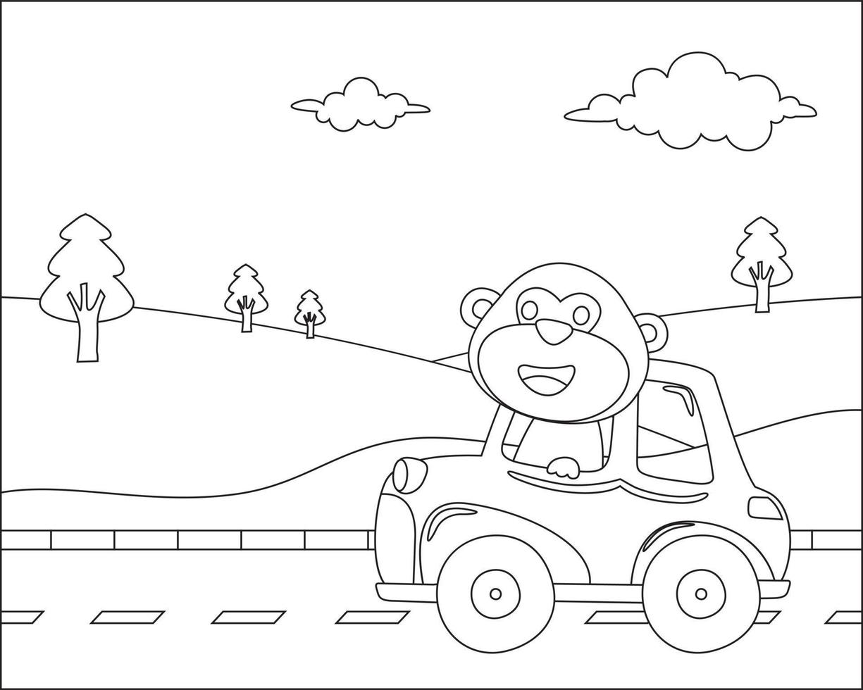 vetor desenho animado do engraçado animal dirigindo carro dentro a estrada com Vila panorama. desenho animado isolado vetor ilustração, criativo vetor infantil Projeto para crianças atividade coloração livro ou página.