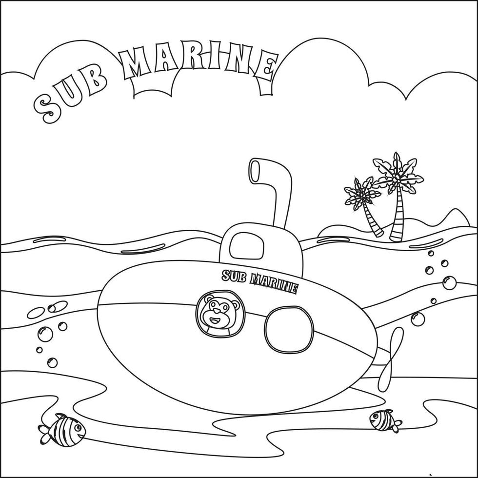 submarino com fofa marinheiro debaixo mar, com desenho animado estilo infantil Projeto para crianças atividade coloração livro ou página. vetor