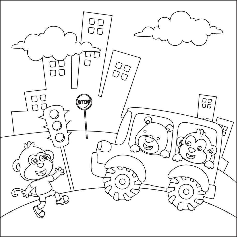 vetor desenho animado do engraçado Urso dirigindo carro dentro a estrada. infantil Projeto para crianças atividade coloração livro ou página.