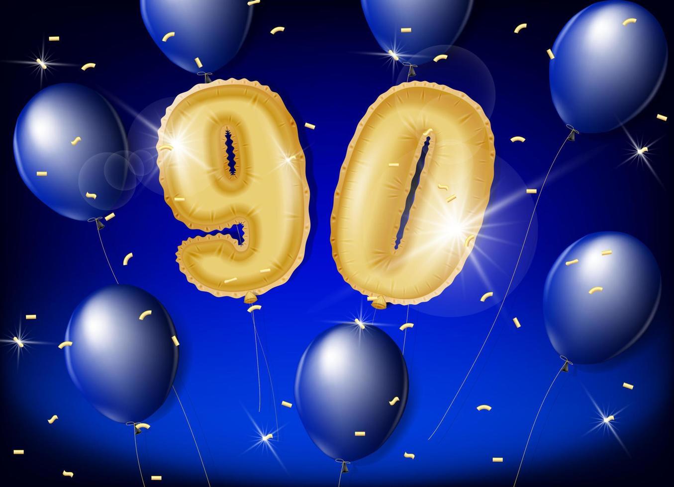 a comemorar 90 anos com ouro e azul balões e brilhar confete em uma azul fundo. 3d vetor Projeto para celebrações, convite cartões e cumprimento cartões.