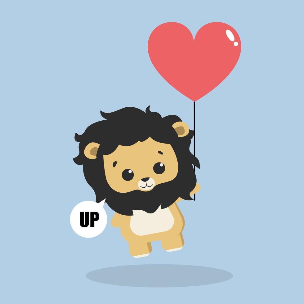 ilustração vetorial gráfico leão fofo voando com um balão de coração vetor