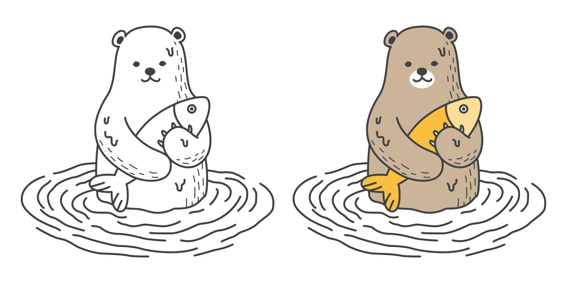 Urso vetor ícone logotipo polar Urso pegar peixe ilustração rabisco personagem desenho animado