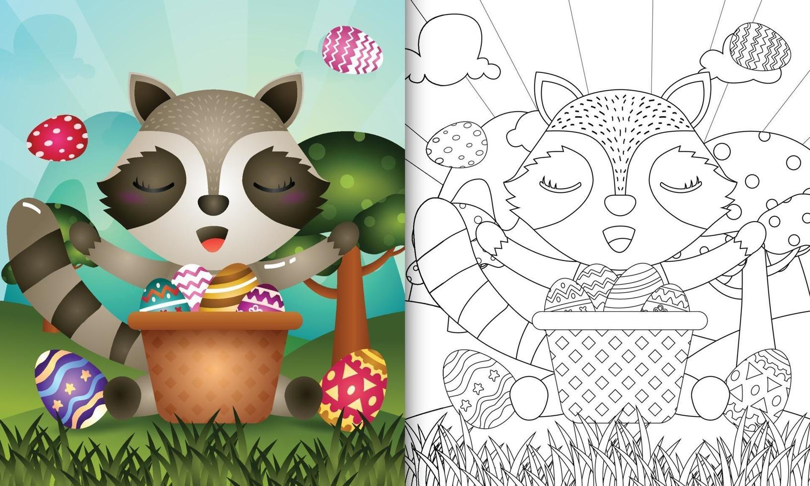 livro de colorir para crianças com tema feliz dia de páscoa com ilustração de um guaxinim fofo no ovo balde vetor