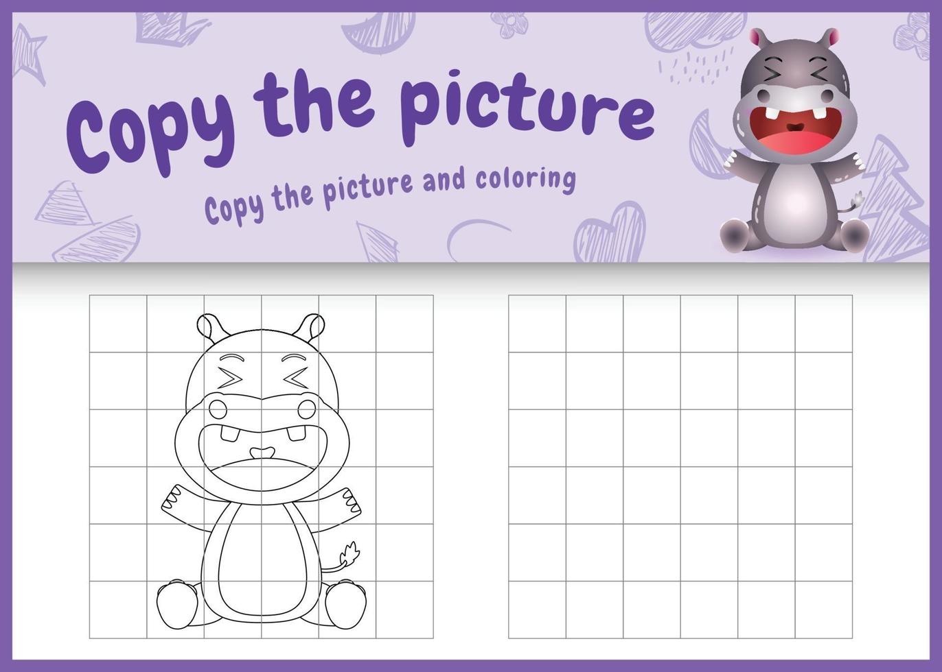 copie o jogo de imagem para crianças e a página para colorir com uma ilustração de um hipopótamo fofo vetor