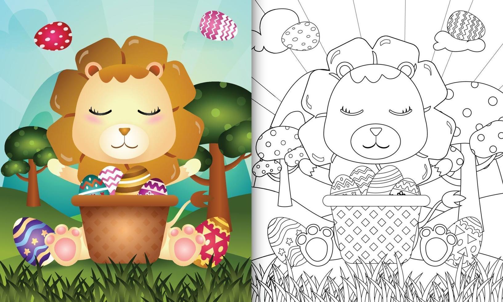 livro de colorir para crianças com tema feliz páscoa com ilustração de um leão fofo no ovo balde vetor