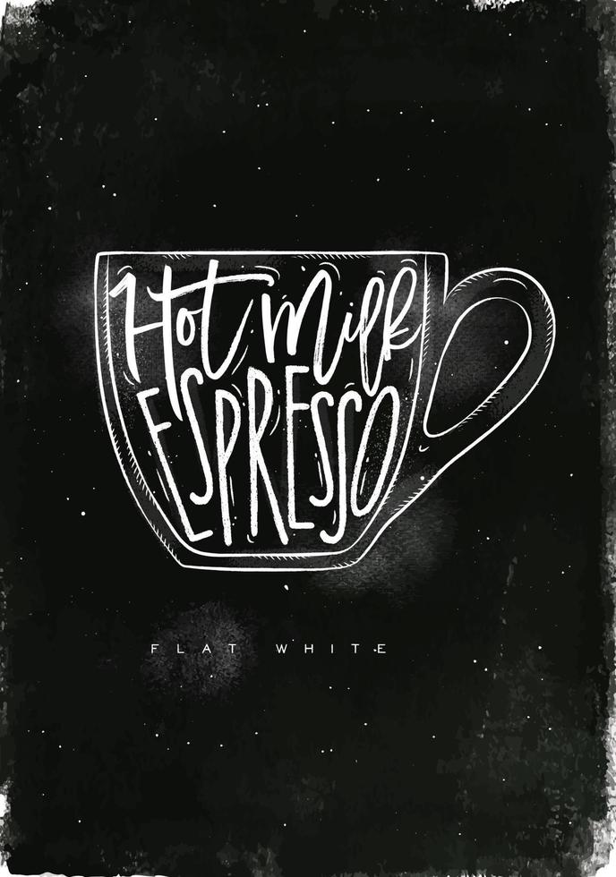 plano branco letras quente leite, espresso dentro vintage gráfico estilo desenhando com giz em quadro-negro fundo vetor