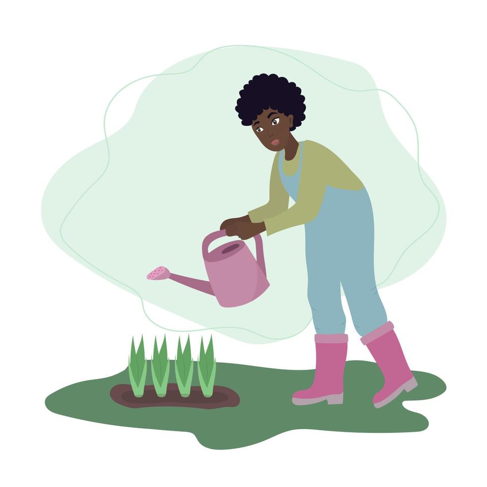 mulher com rega pode. fêmea jardineiro rega plantas dentro Primavera. Illustartion dentro plano desenho animado estilo vetor