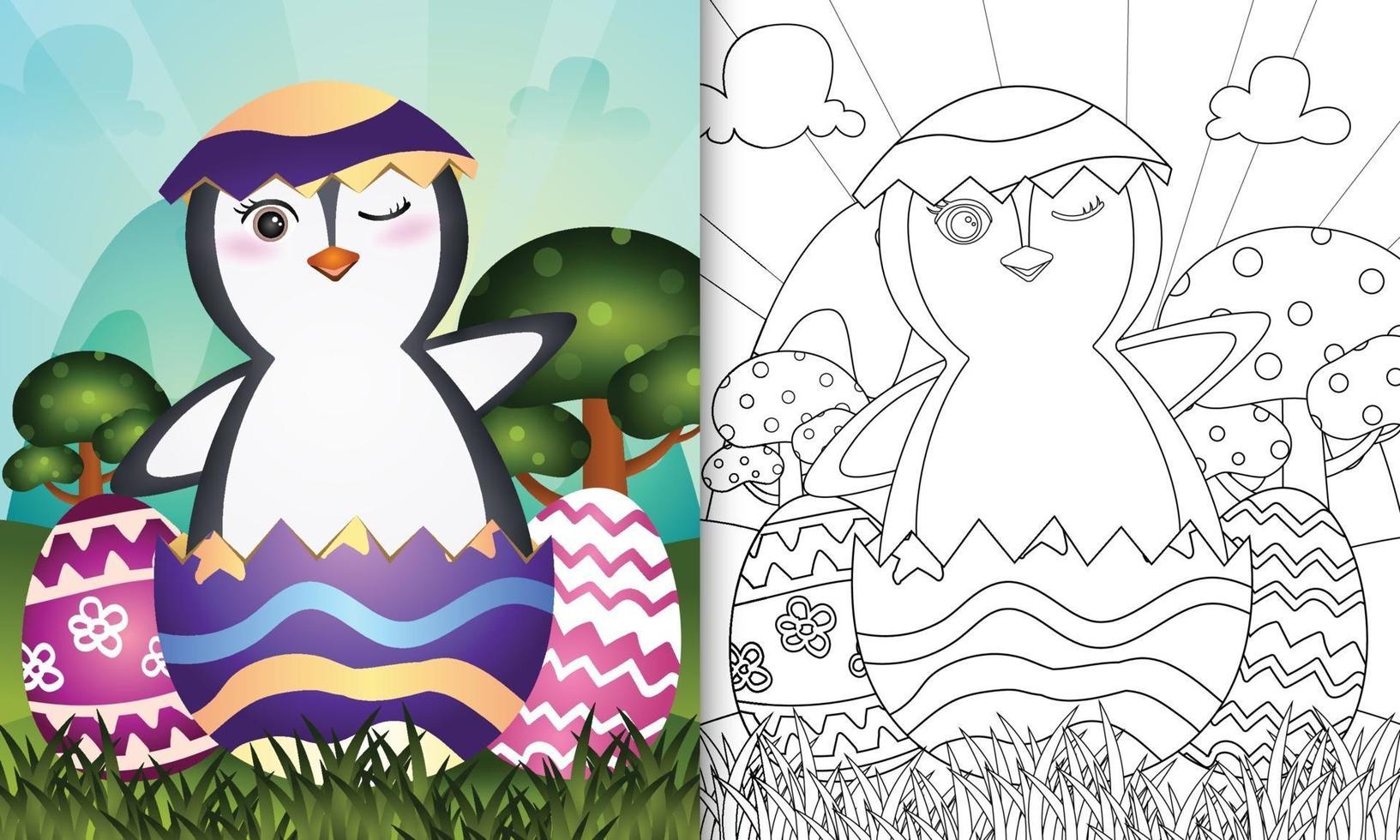 livro de colorir para crianças com tema feliz dia de páscoa com ilustração de um pinguim fofo no ovo vetor