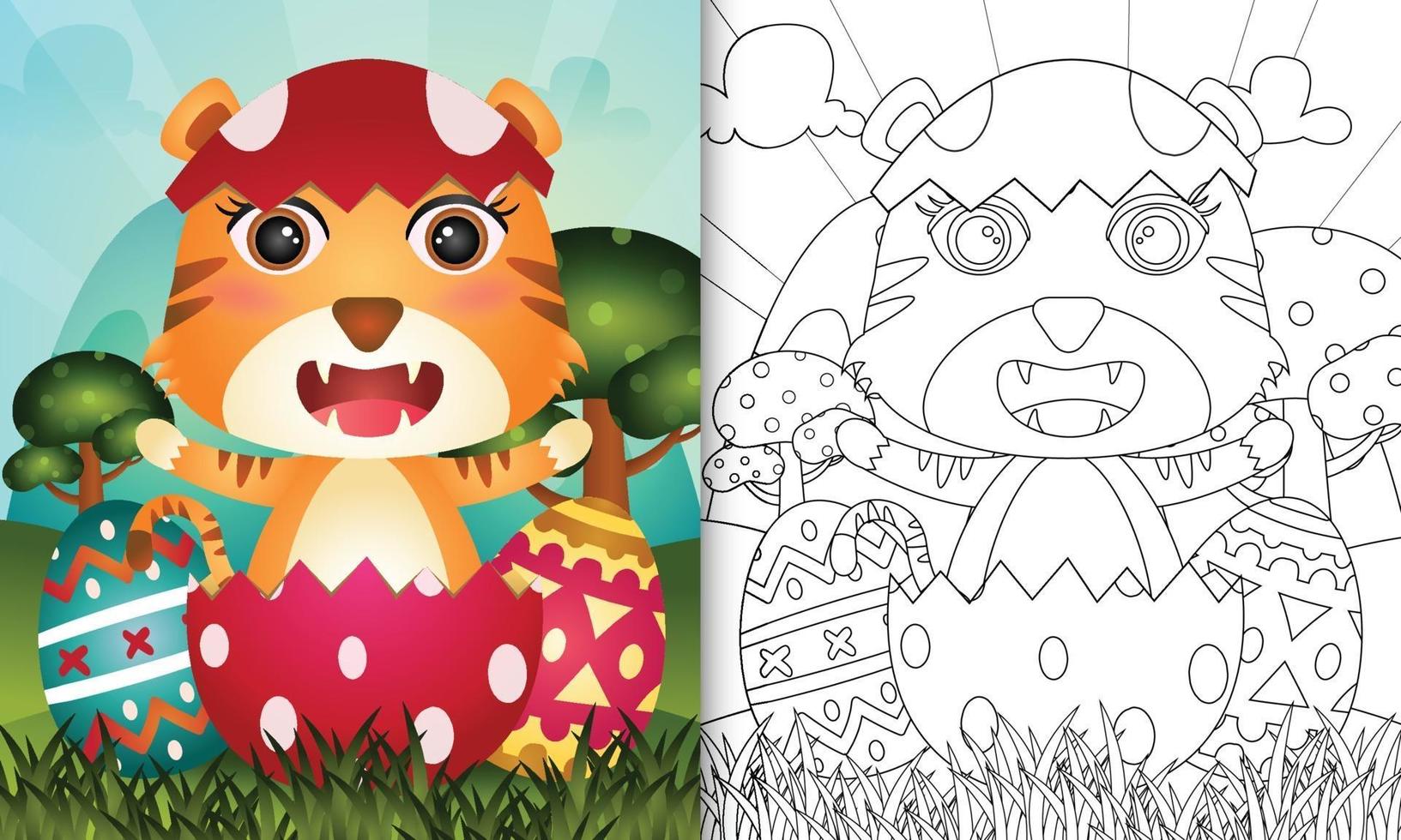 livro de colorir para crianças com tema feliz dia de Páscoa com ilustração de um tigre fofo no ovo vetor
