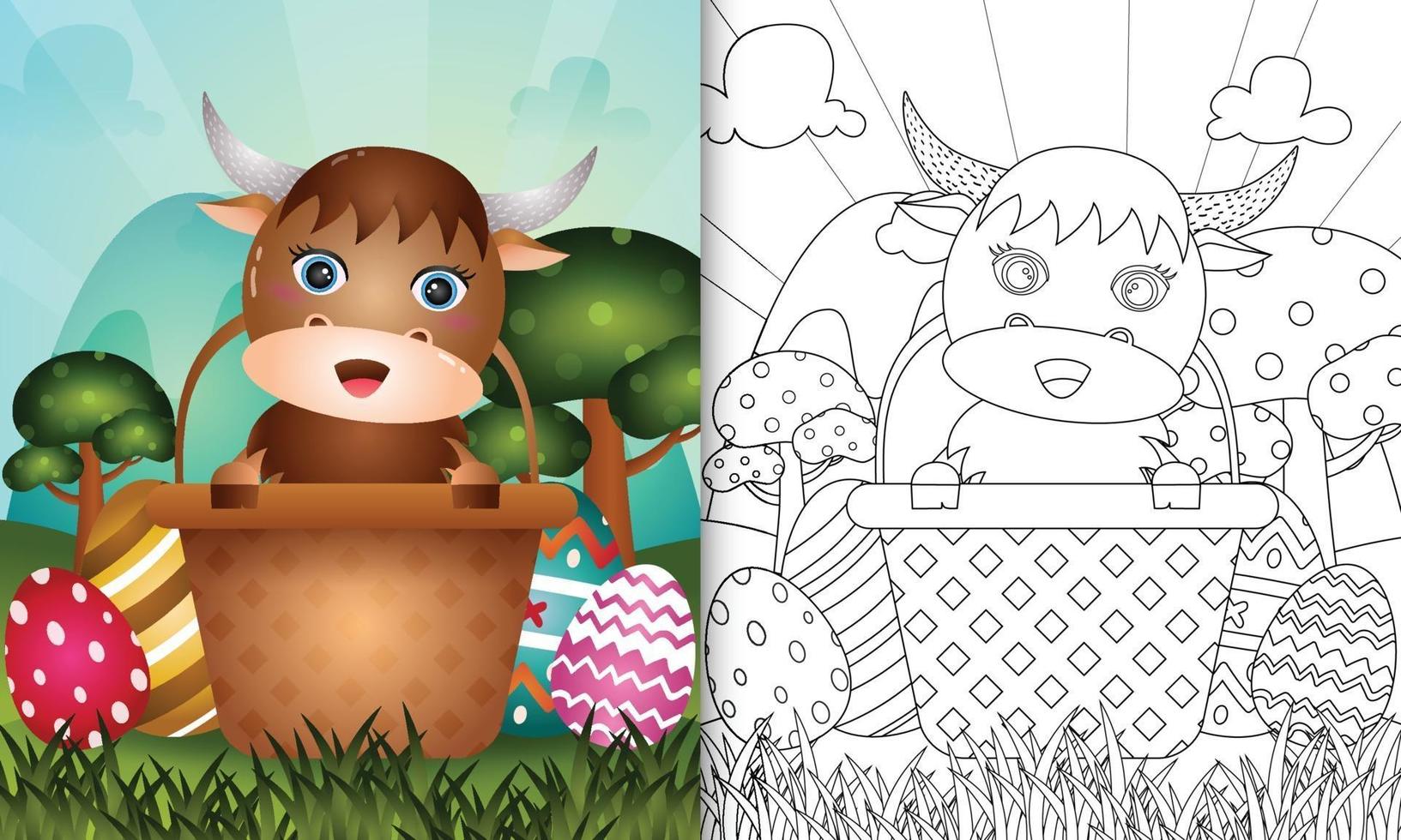 livro de colorir para crianças com tema feliz dia de páscoa com ilustração de um búfalo fofo no ovo balde vetor