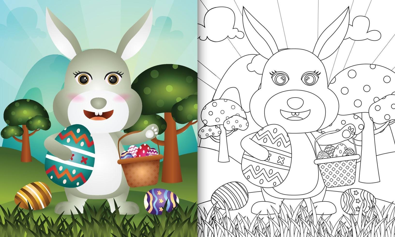 livro de colorir para crianças com tema feliz dia de páscoa com ilustração de um coelho fofo segurando o ovo de balde e o ovo de páscoa vetor