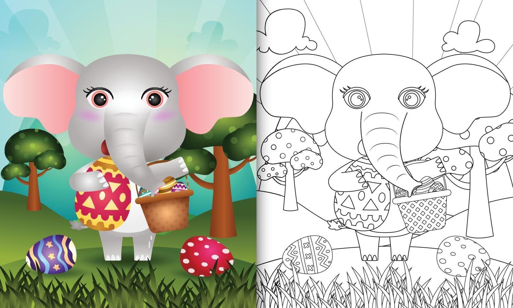 livro de colorir para crianças com tema feliz dia de páscoa com ilustração de um elefante fofo segurando o ovo de balde e o ovo de páscoa vetor
