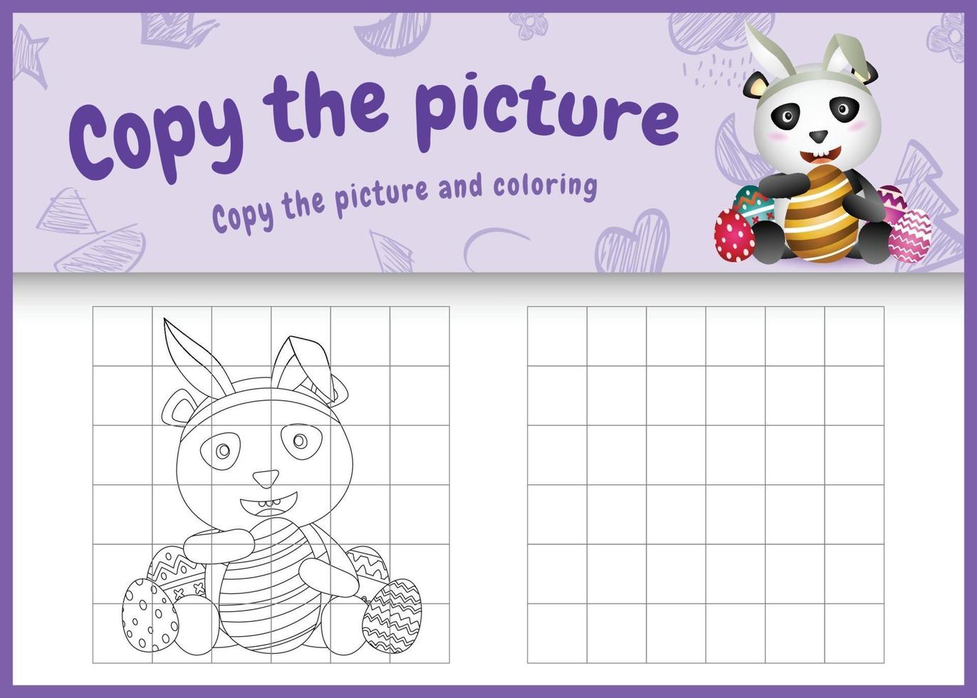 copie o jogo de imagens para crianças e a página para colorir com o tema Páscoa com um panda fofo usando tiaras com orelhas de coelho abraçando ovos vetor