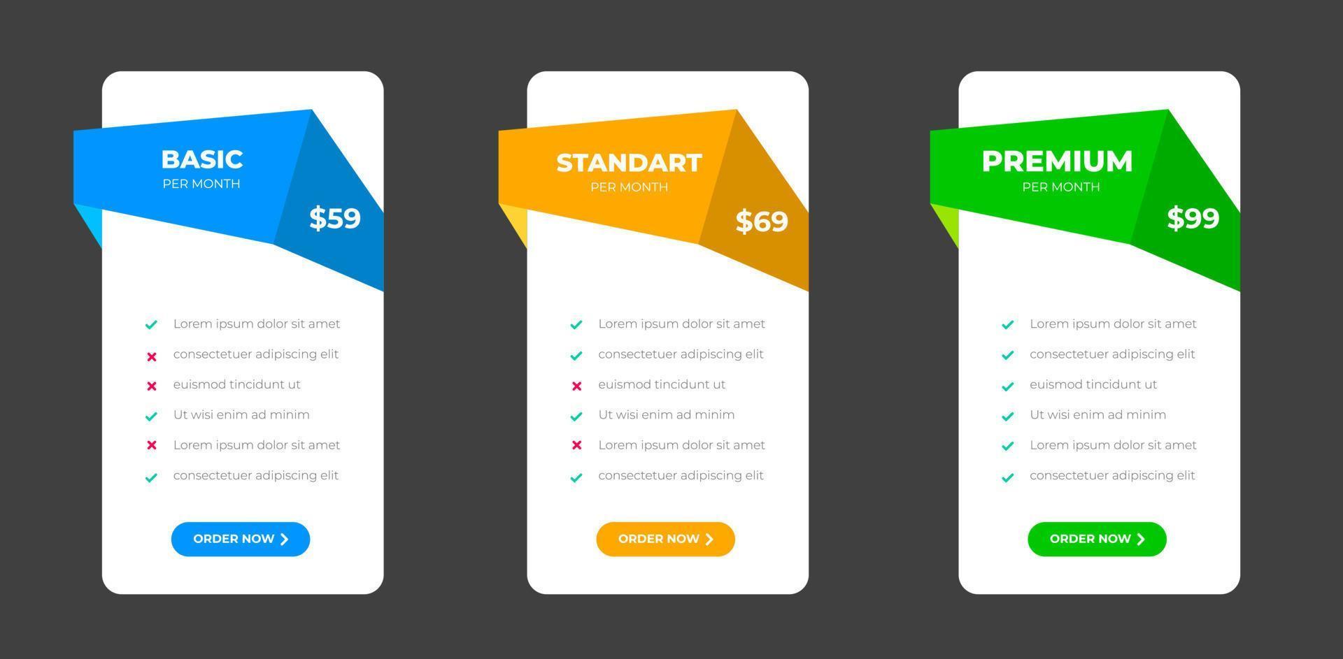 ui ux precificação Projeto mesas com tarifas, inscrição características lista de controle e o negócio planos. precificação planos mesa e precificação gráfico preço Lista para rede ou aplicativo. produtos comparação o negócio rede planos. vetor