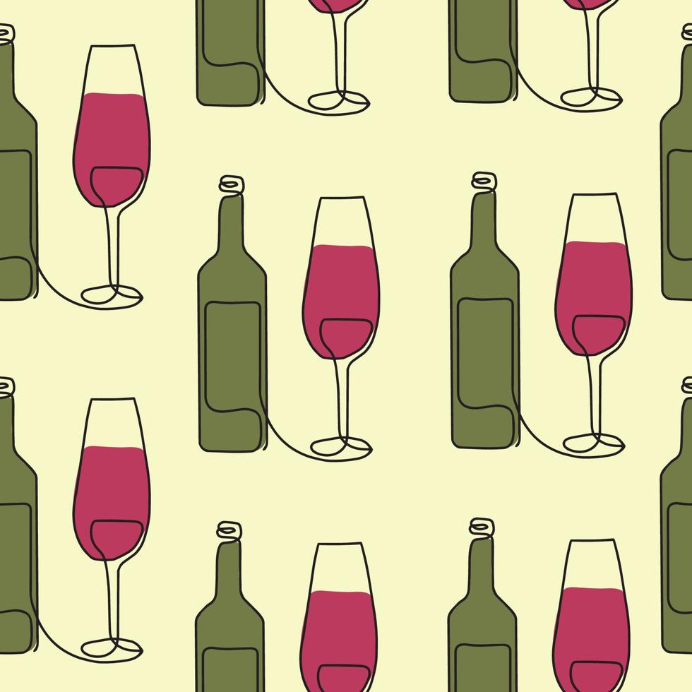desatado padronizar. vetor ilustração do uma vinho garrafa e uma vidro. desenhando dentro 1 linha