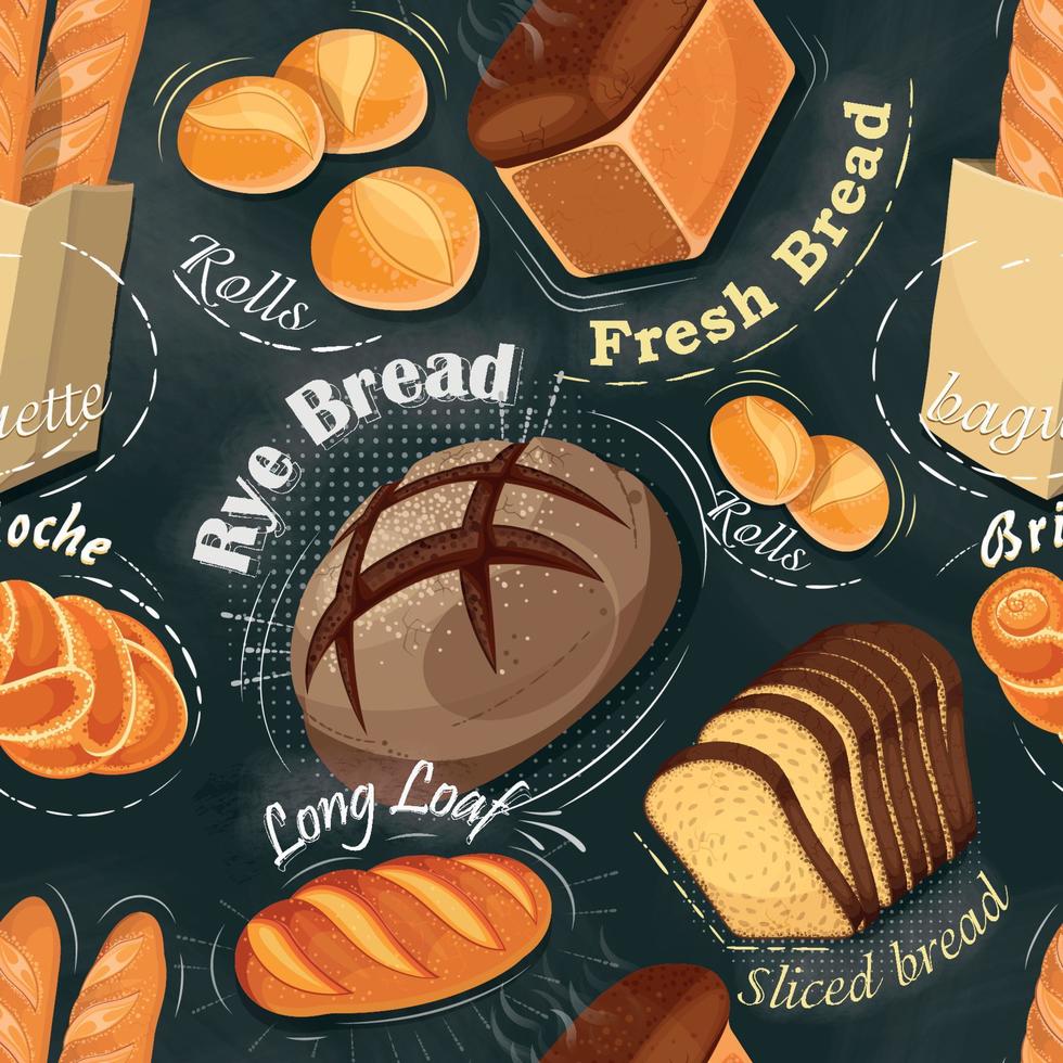 padaria desatado padronizar. grandes pão, centeio pão, baguete, rolos, branco pão, fatiado pão, brioche. vetor ilustração