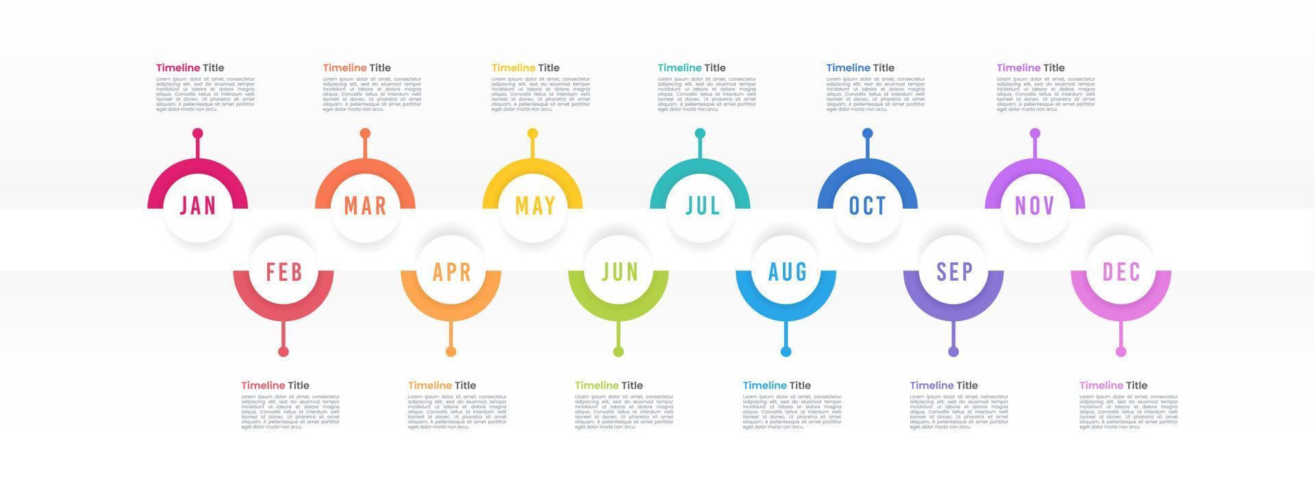 o negócio infográficos com 12 meses semicírculos colorida em Linha do tempo diagramas em branco cor fundo. vetor