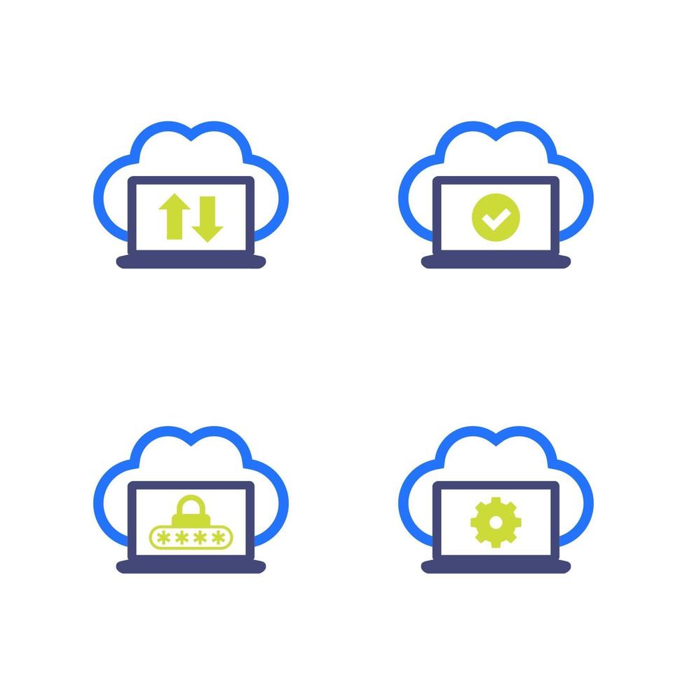 sincronizar com a nuvem, sincronização concluída, ícones de dados protegidos em branco vetor