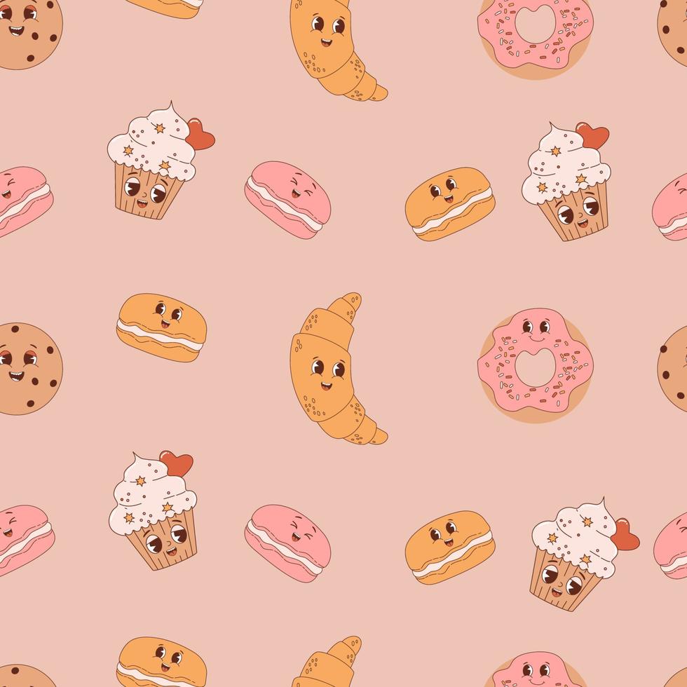 retro desatado padronizar. groovy desenho animado bolos Bolinho, rosquinhas, macaron e croissant em luz fundo. vetor ilustração para papel de parede, projeto, têxtil, embalagem, decoração, crianças coleção.