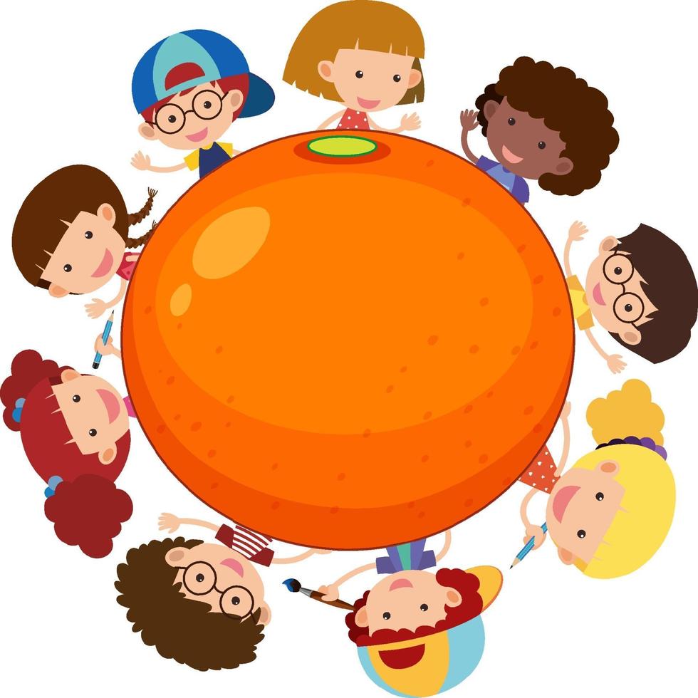 laranja grande com um personagem de desenho animado de muitas crianças vetor