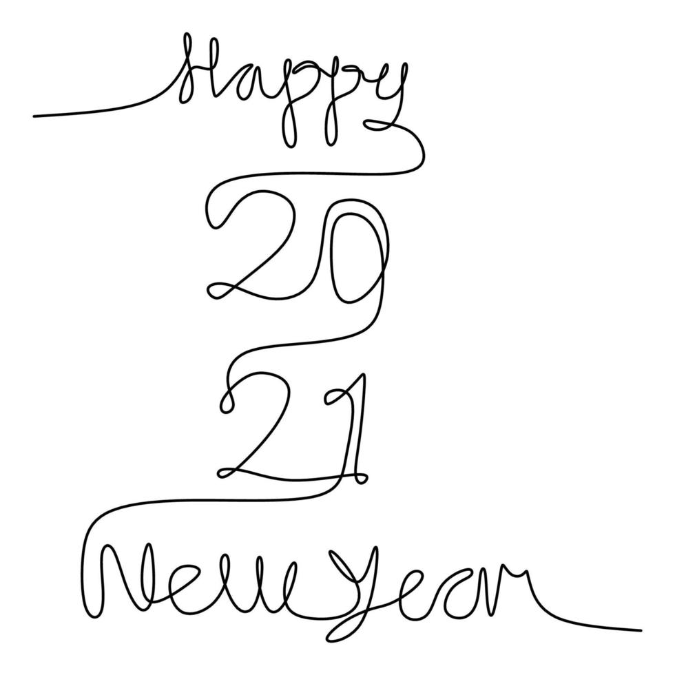 Contínuo um desenho de linha de 2021 com feliz ano novo texto manuscrito lettering minimalista linha preta arte esboço isolado no fundo branco. ano do touro. cartão de felicitações ou design de banner vetor