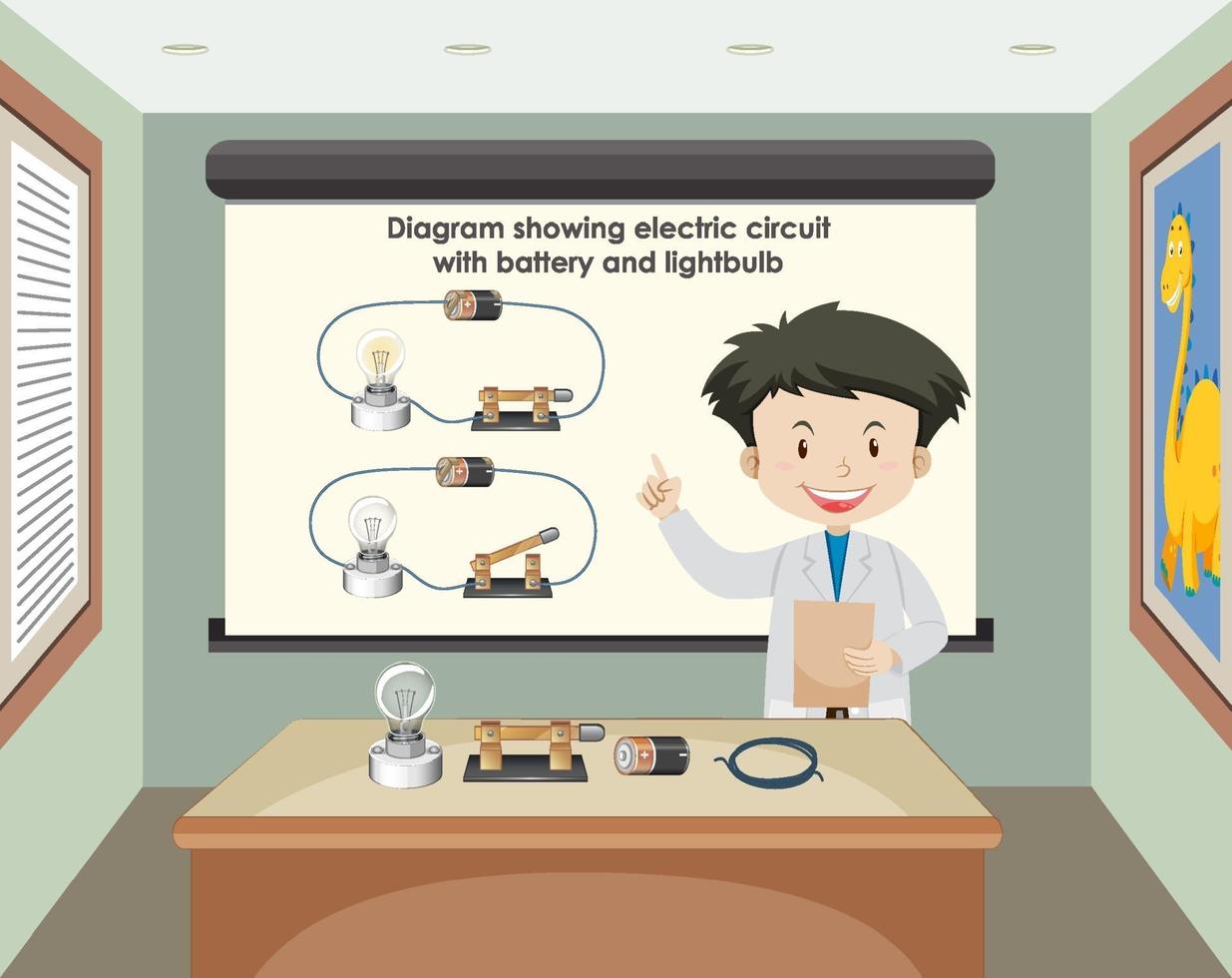 Cientista explicando circuito elétrico com bateria e lâmpada vetor