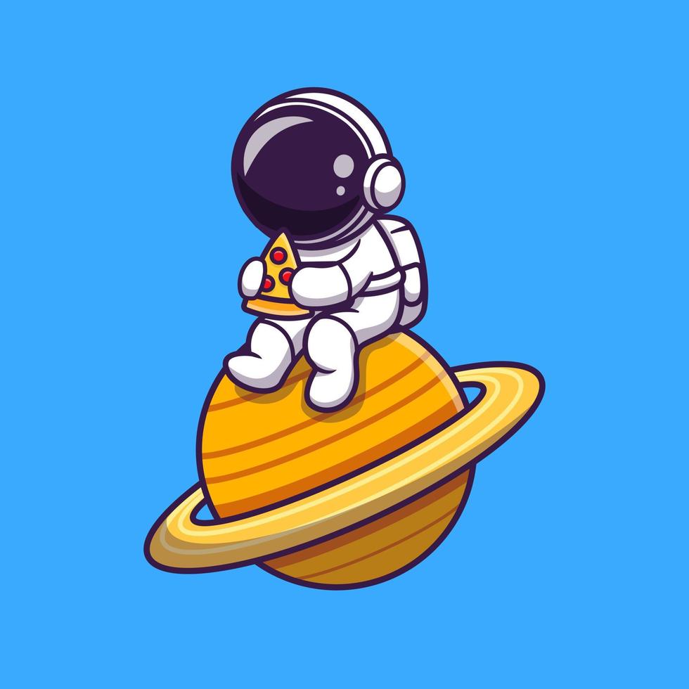 fofa astronauta comendo pizza em planeta desenho animado vetor ícone ilustração. Ciência Comida ícone conceito isolado Prêmio vetor. plano desenho animado estilo