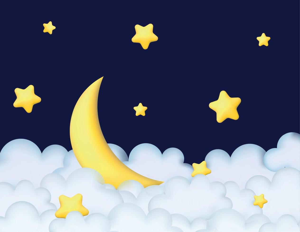 crescente lua, dourado estrelas e branco nuvens 3d estilo isolado em azul fundo. sonhar, canção de ninar, sonhos fundo Projeto para bandeira, livreto, poster. vetor ilustração