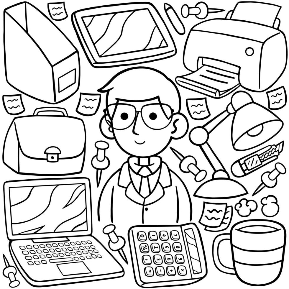 uma linha arte desenhando do uma o negócio proprietário com vários Itens Incluindo uma escritório equipamento. vetor