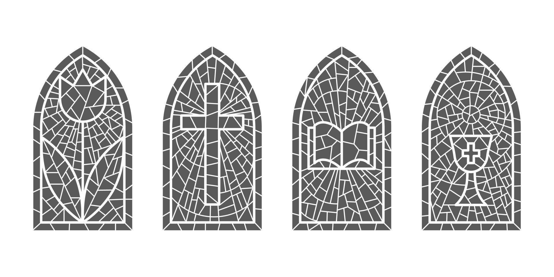 Igreja vidro janelas. manchado mosaico católico quadros com cruzar, livro e religioso símbolos. vetor conjunto isolado em branco fundo