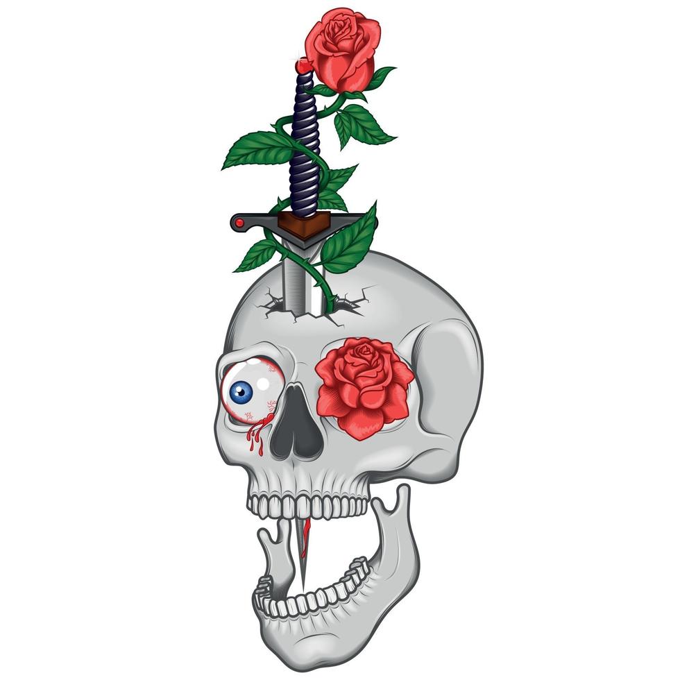 desenho vetorial de punhal e rosas de caveira vetor