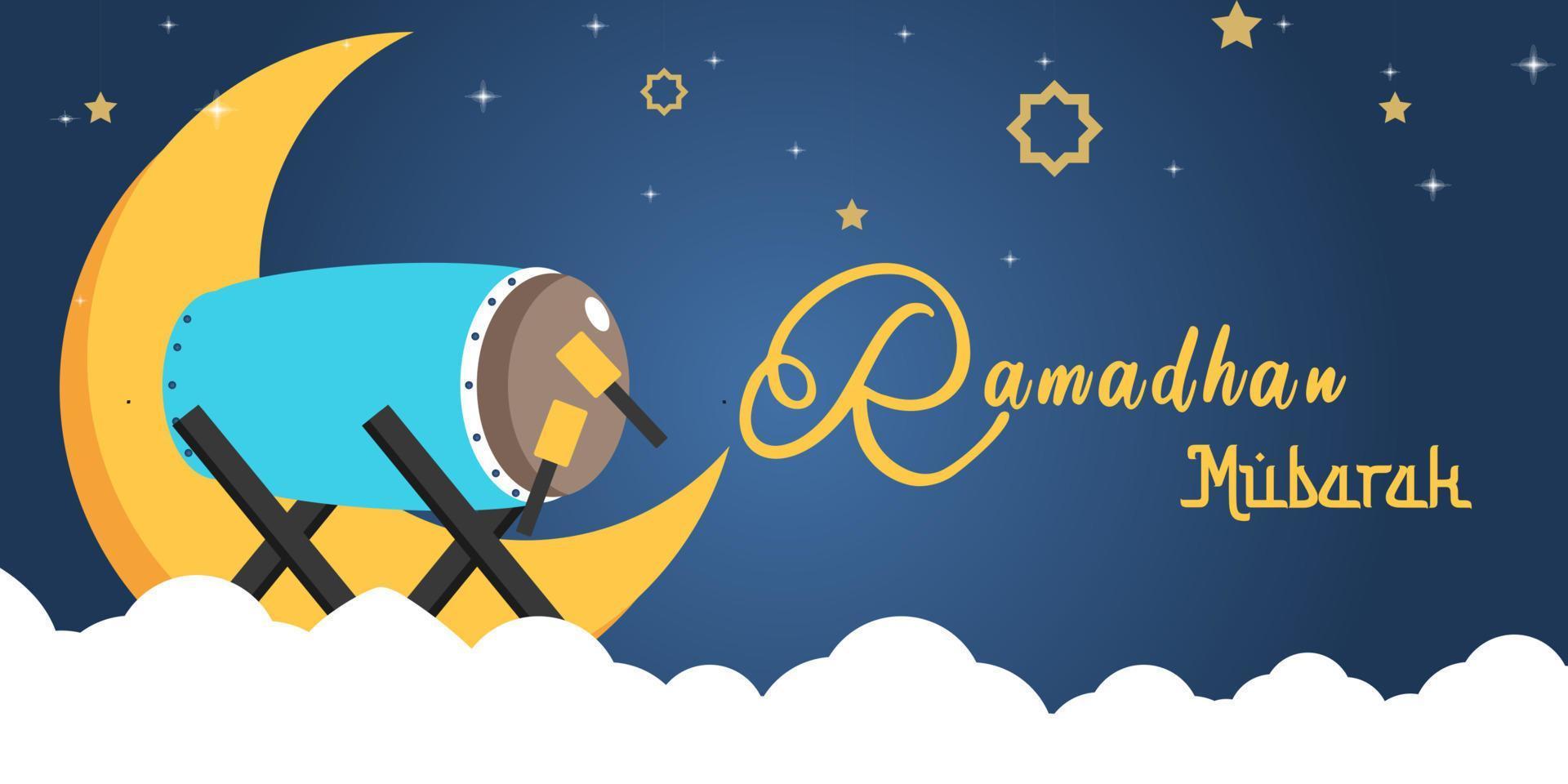 Ramadhan Mubarak azul saudações. marhaban sim Ramadhan cumprimento com mão letras caligrafia e ilustração. traduzido feliz piedosos Ramadã vetor