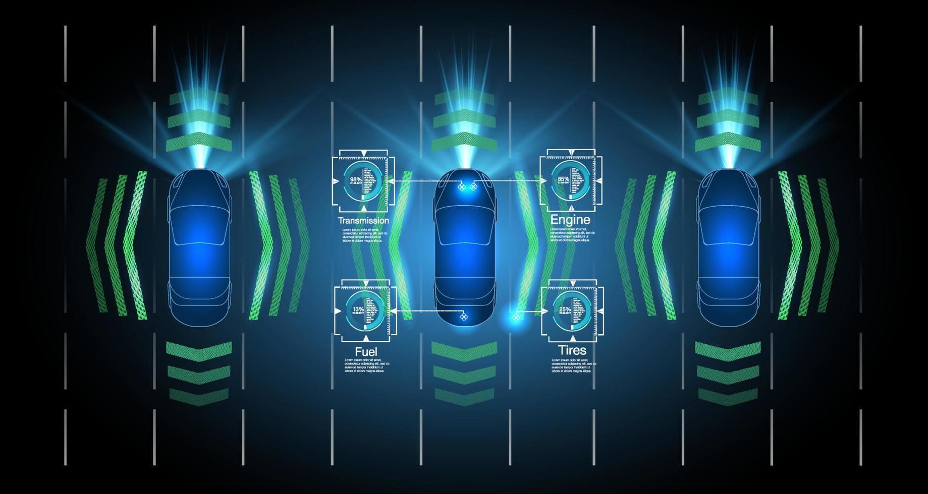 inteligente carros dirigindo em a estrada, sem motorista veículos, topo Visão Está sistema. inteligente carro hud carro topo Visão com eletrônico vetor