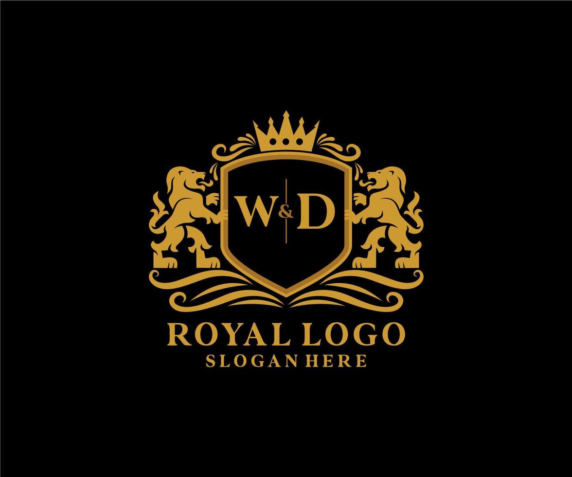 modelo de logotipo de luxo real de leão de letra inicial wd em arte vetorial para restaurante, realeza, boutique, café, hotel, heráldica, joias, moda e outras ilustrações vetoriais. vetor