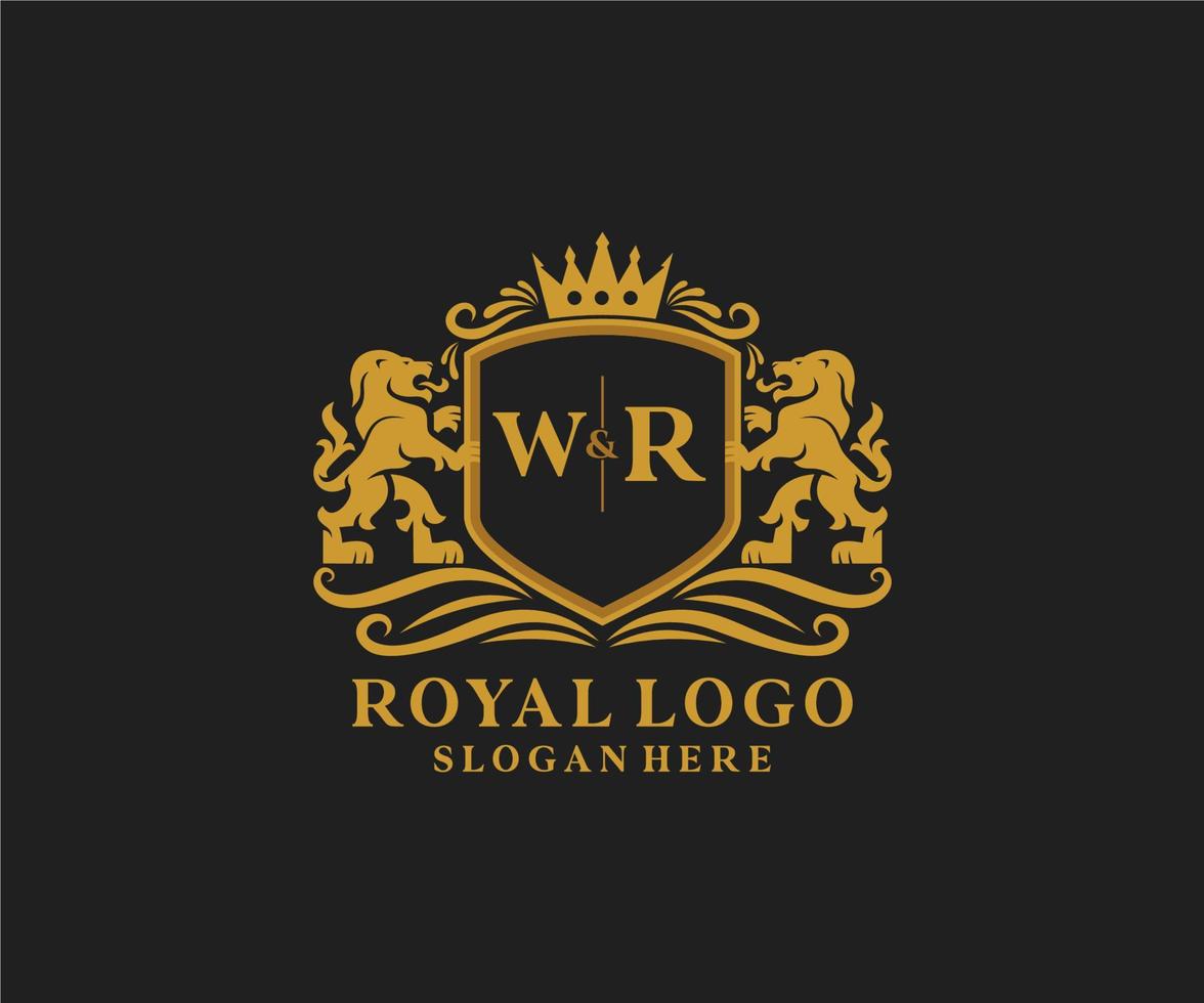 modelo de logotipo de luxo real de leão de carta inicial wr em arte vetorial para restaurante, realeza, boutique, café, hotel, heráldica, joias, moda e outras ilustrações vetoriais. vetor