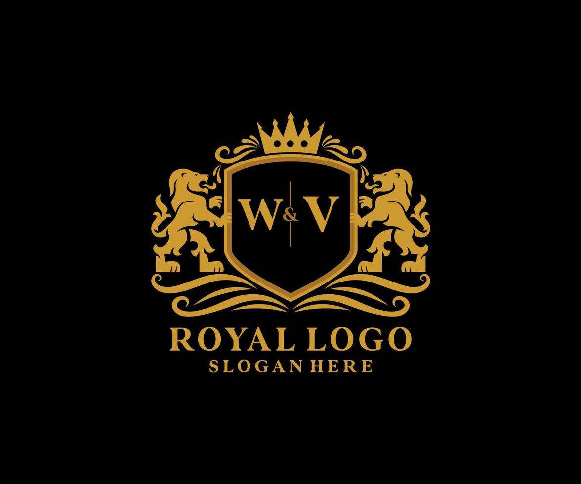 modelo de logotipo de luxo real de leão de carta inicial wv em arte vetorial para restaurante, realeza, boutique, café, hotel, heráldica, joias, moda e outras ilustrações vetoriais. vetor