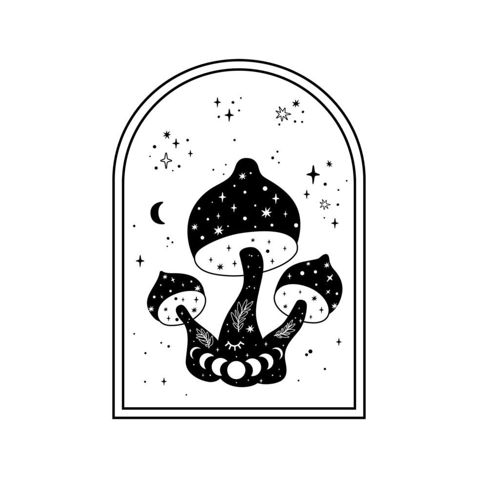 celestial cogumelo imprimir. místico boho cogumelos isolado gráfico elemento psicodélico Magia linha celestial cogumelo, lua Estágio, fofa estrelas, floral bruxa esotérico Preto e branco vetor ilustração