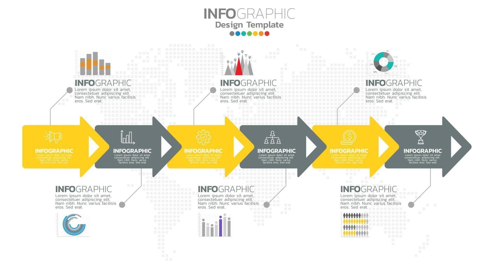 infográfico elemento de cor amarela de 6 etapas com diagrama gráfico de círculo, design gráfico de negócios. vetor