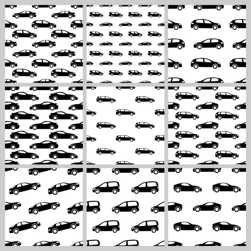 conjunto do nove desatado padrões com Preto carros em branco fundo. vetor ilustração.