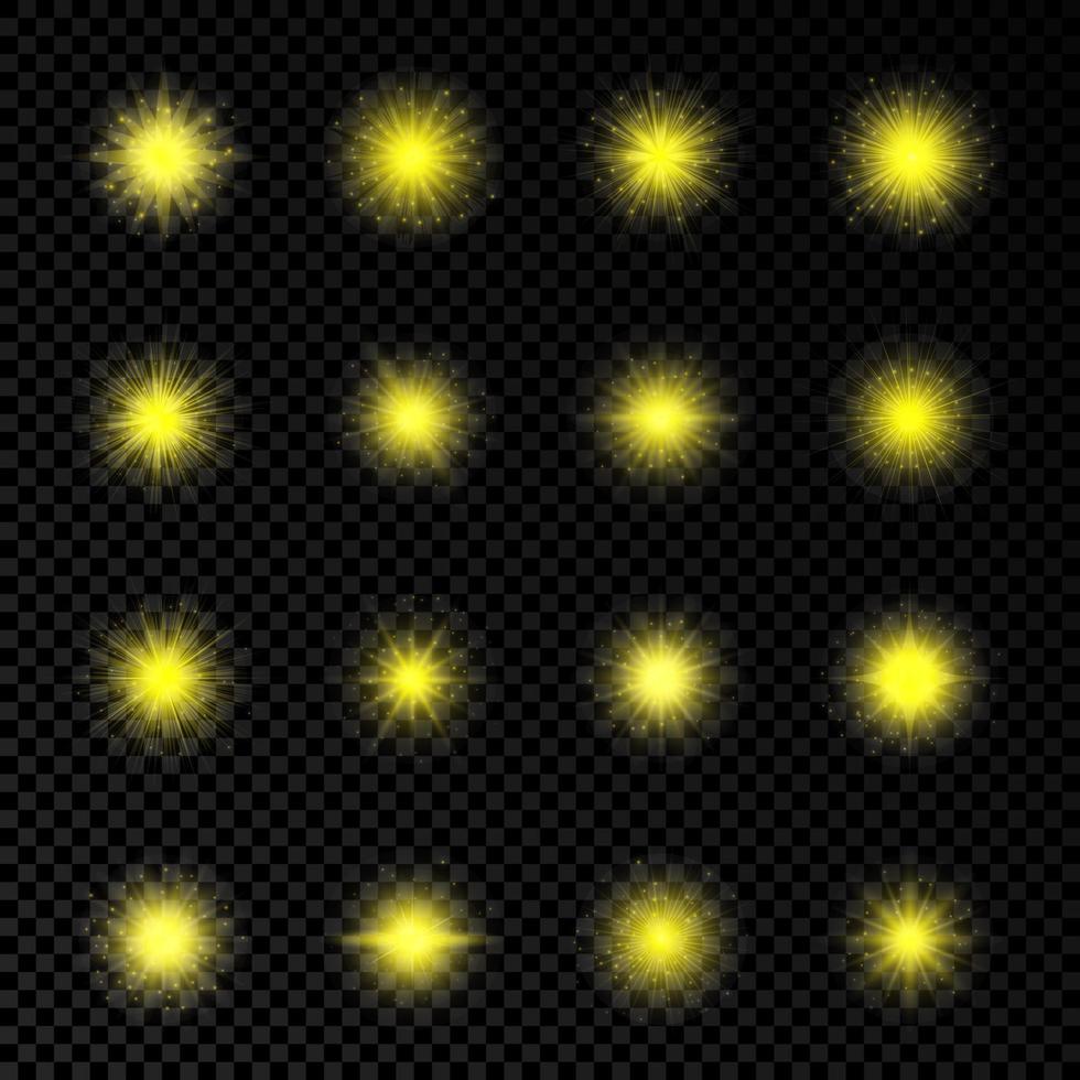 luz efeito do lente chamas. conjunto do dezesseis amarelo brilhando luzes starburst efeitos com brilhos vetor