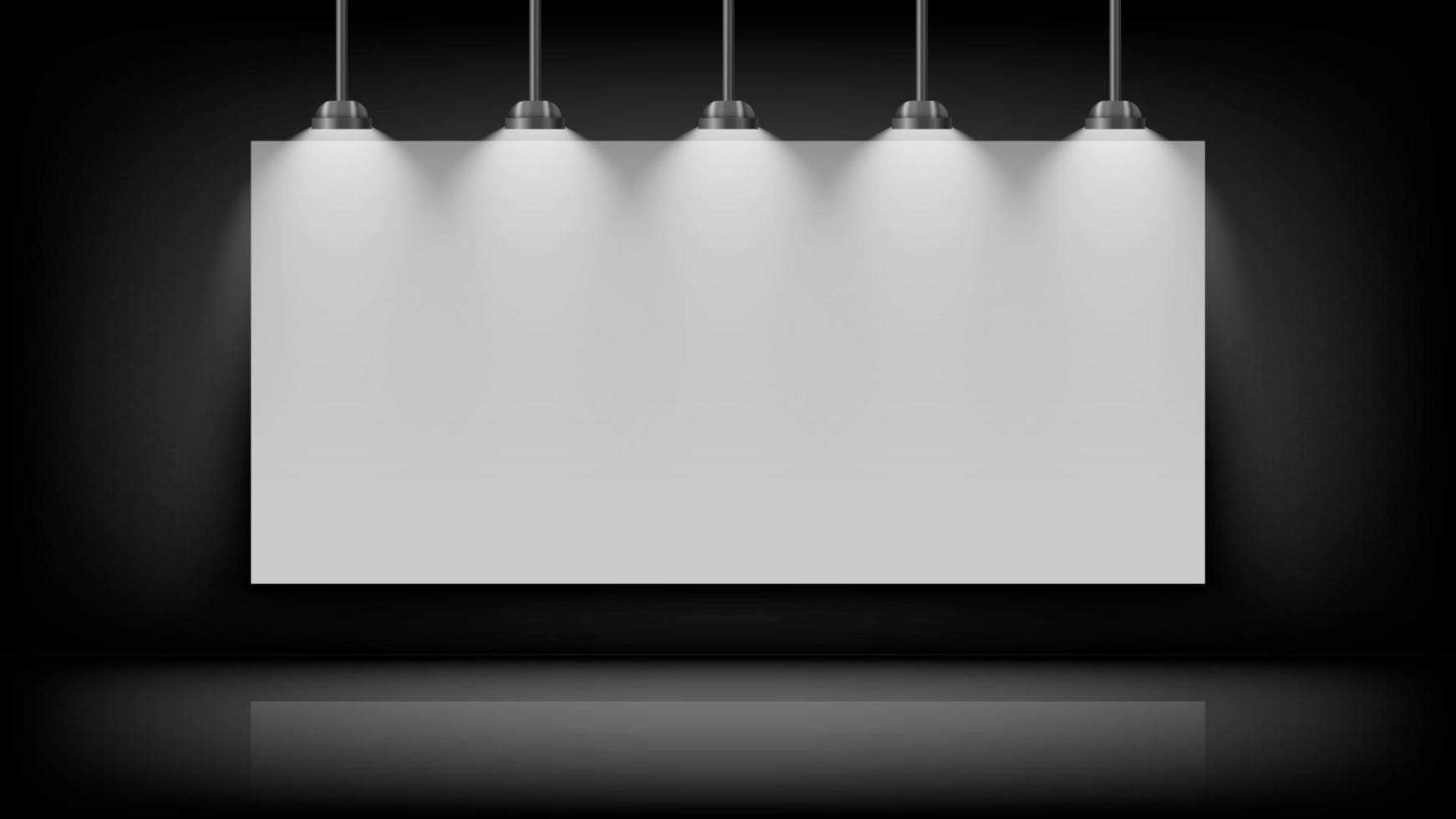maquete de quadro branco vazio na parede preta com lâmpada na parte superior, ilustração vetorial vetor