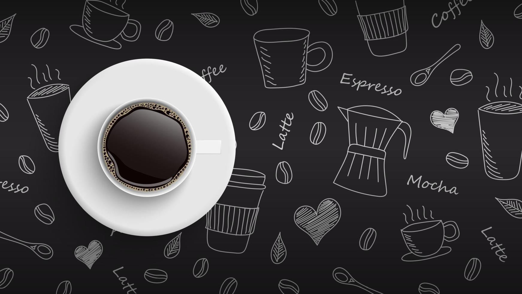 xícara de café na mão desenhada doodle fundo de café, ilustração vetorial vetor