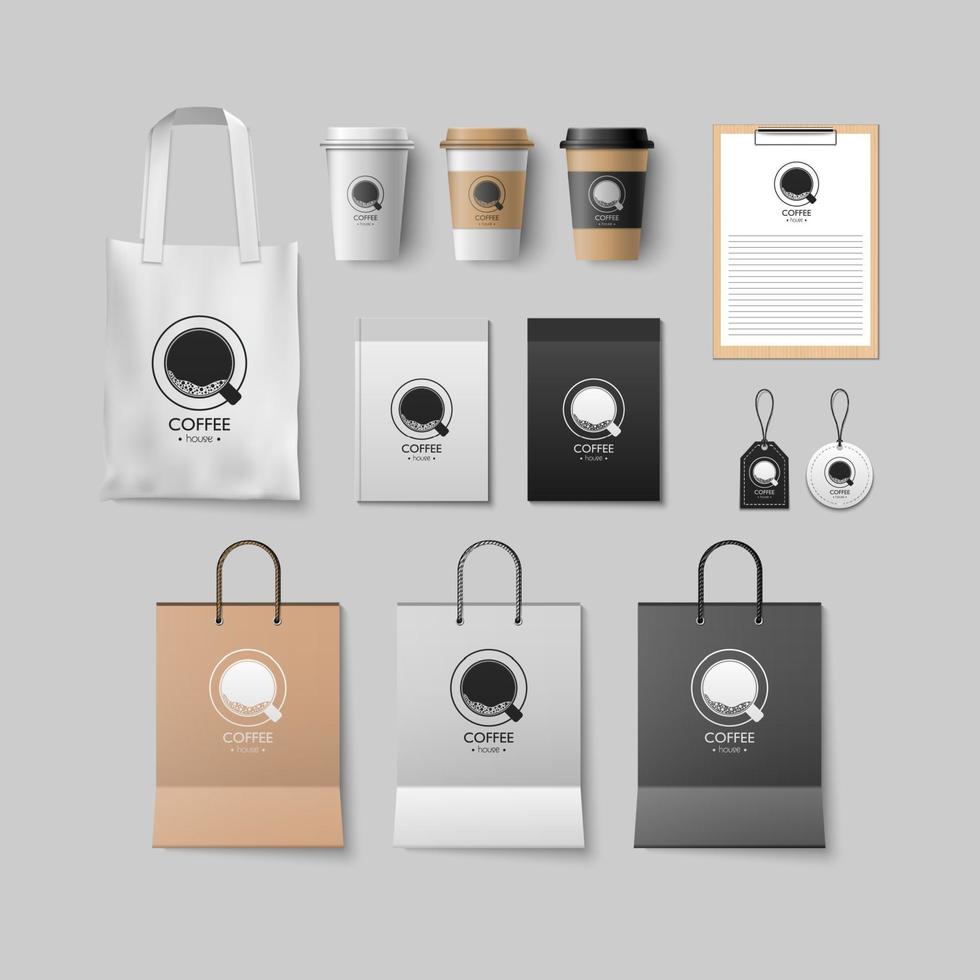 Conjunto de maquete de cafeteria, design de embalagem de café para ilustração vetorial corporativa vetor
